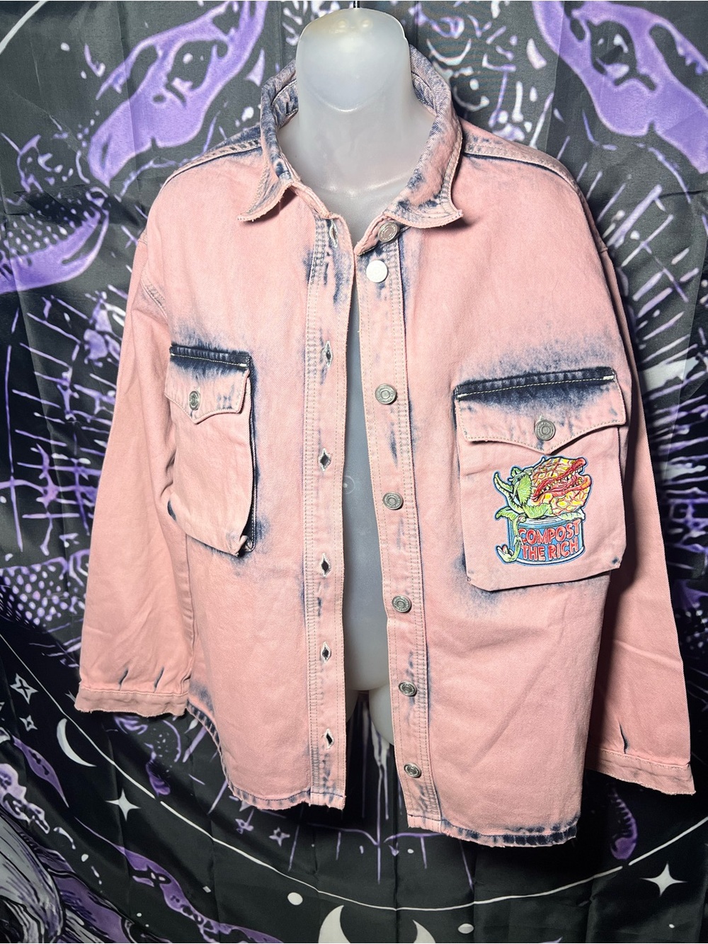 NWOT SB Sisters eat the rich Pink Washed Denim Jacket with Embroidered Patch